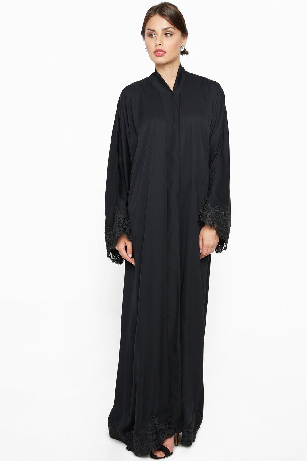 Black Floral Lace Hemmed Abaya AJ520A with Sheila - Image 1