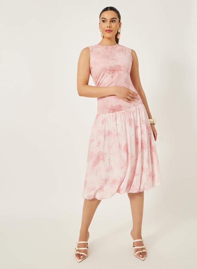 Styli Pink Tie-Dye Sleeveless Ruffled Hem Midi Dress - Image 1