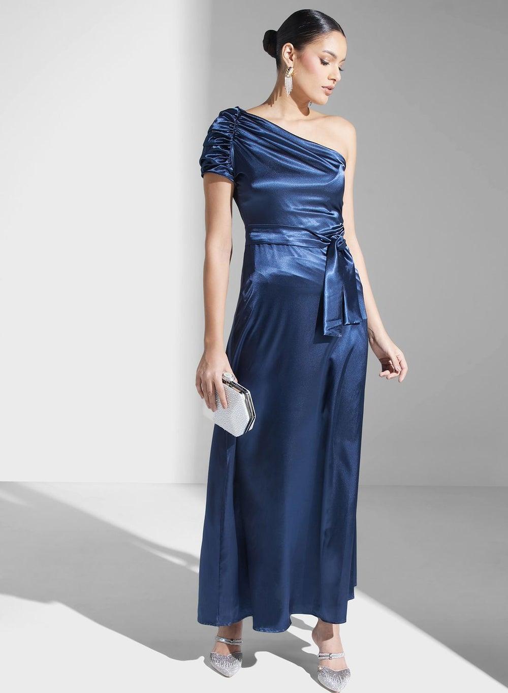 Navy Satin One-Shoulder Tie-Waist Maxi Dress - Image 1