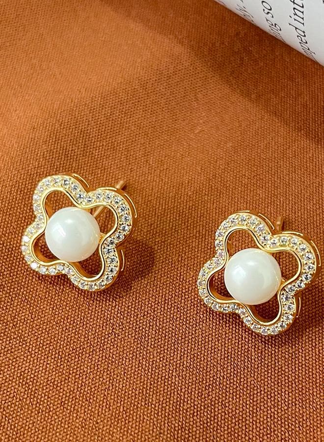 Take Two Four-Leaf Clover Faux Pearl Stud Earrings - Image 1