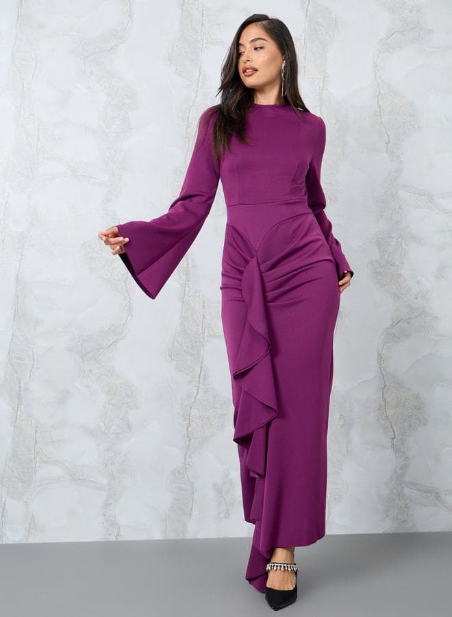 Ruffle Panel Bell Sleeve Deep Magenta Maxi Dress - Image 1