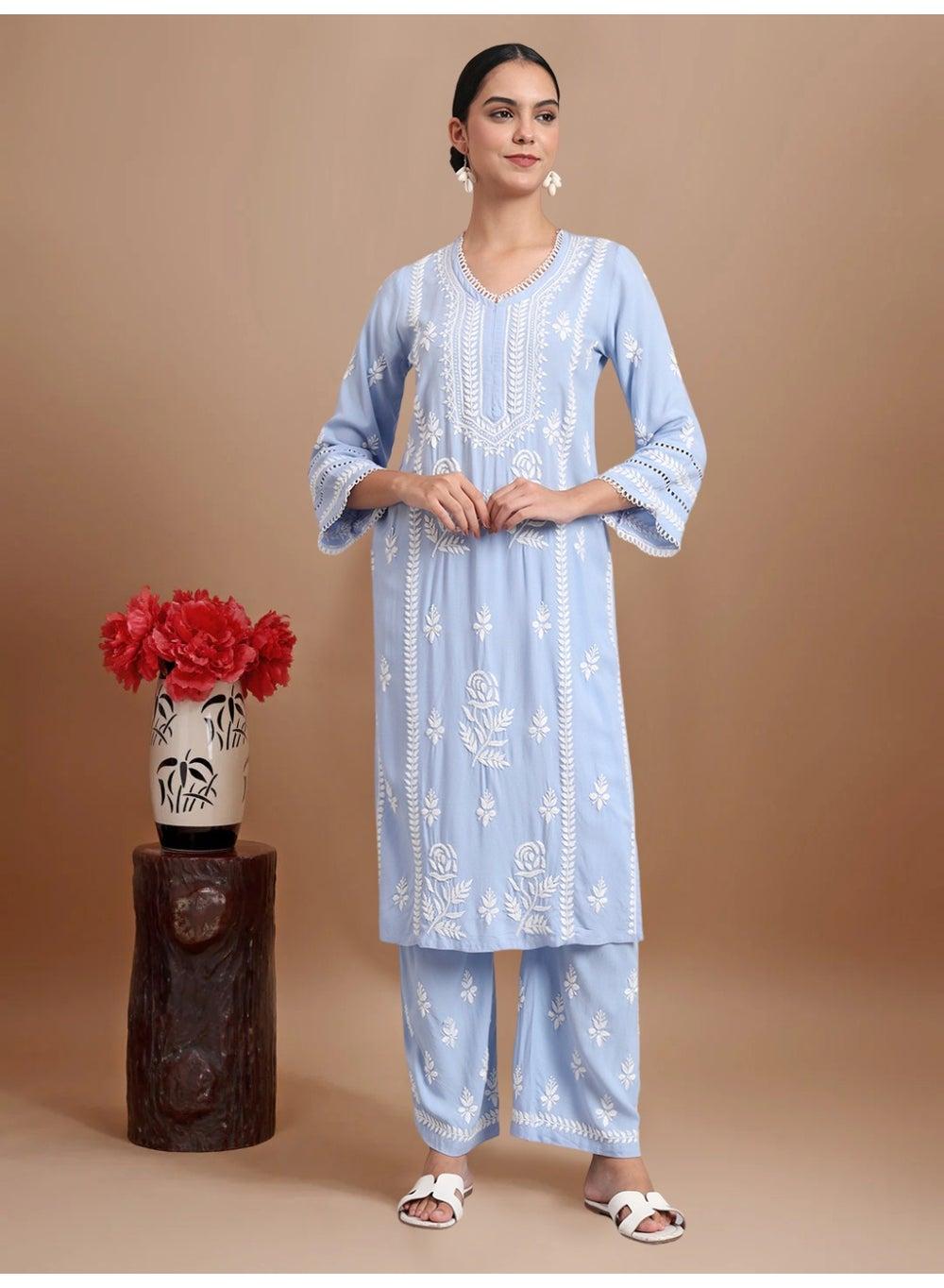 Hand Embroidered Lucknowi Chikankari Rayon Kurta Set AL4078KS - Image 1