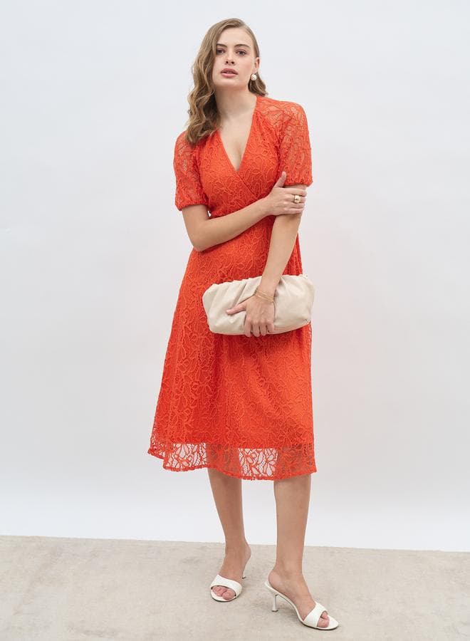 Solid Lace Wrap Look A-Line Midi Dress - Image 1