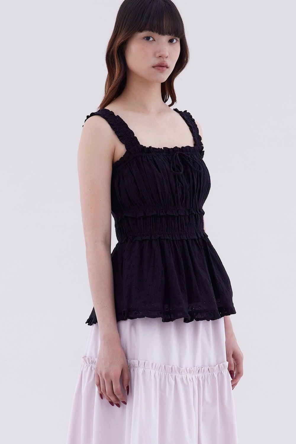 Varena Ruffle Trim Ruched Waist Cotton Top - Image 1