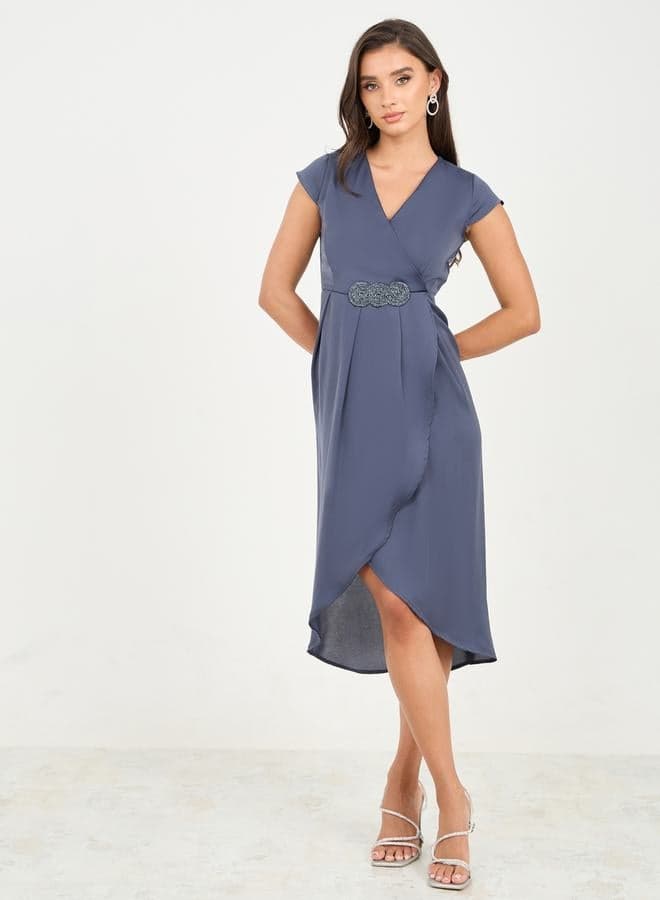 Styli Embellished Box Pleat Asymmetric Hem Midi Dress - Image 1