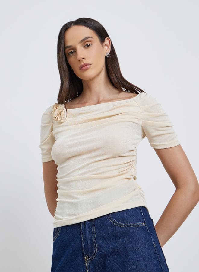 Flower Corsage Mesh Short Sleeve Top - Image 1