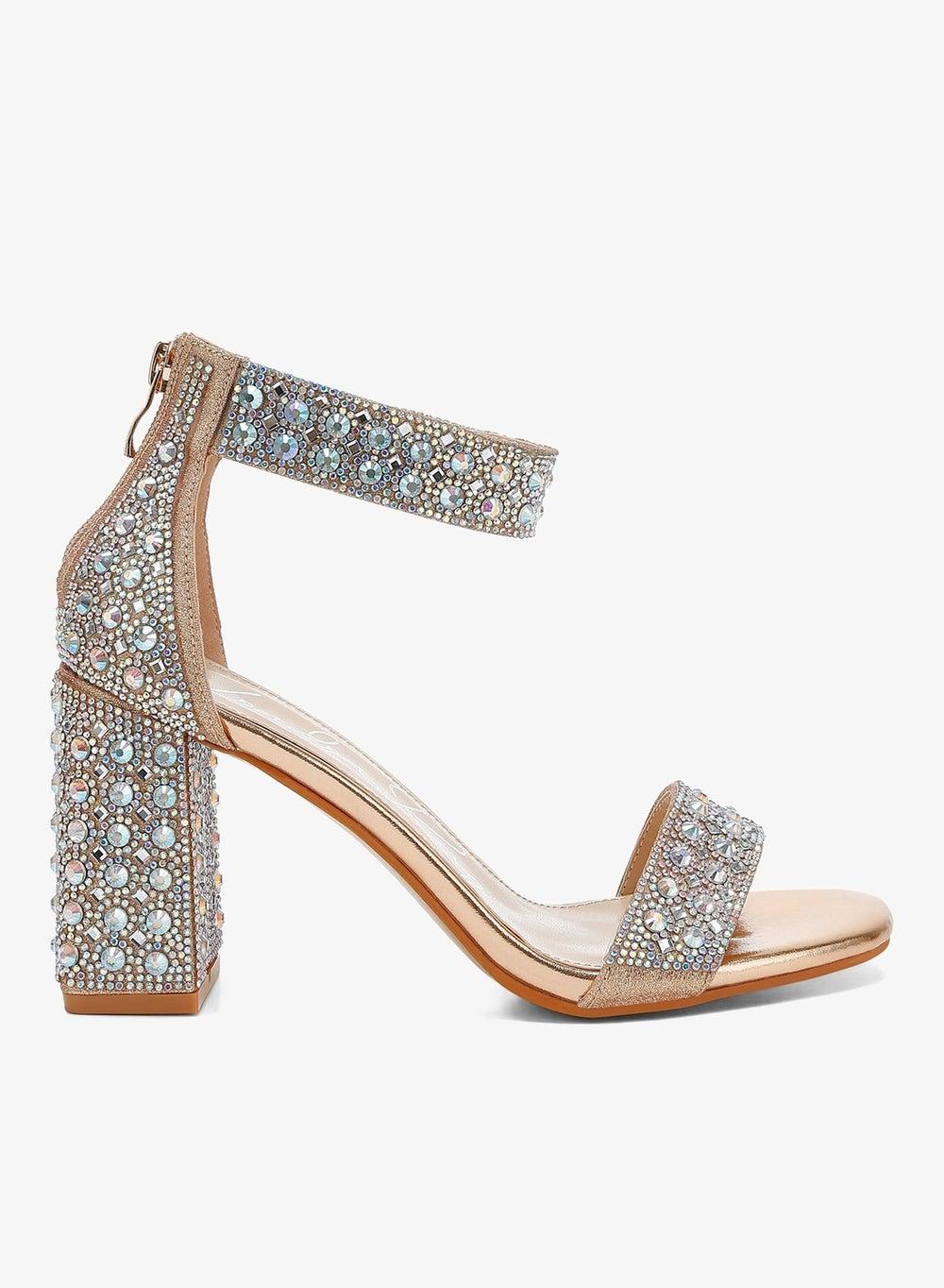Rose Gold Rhinestone and Sequin Block Heel Sandals - Image 1