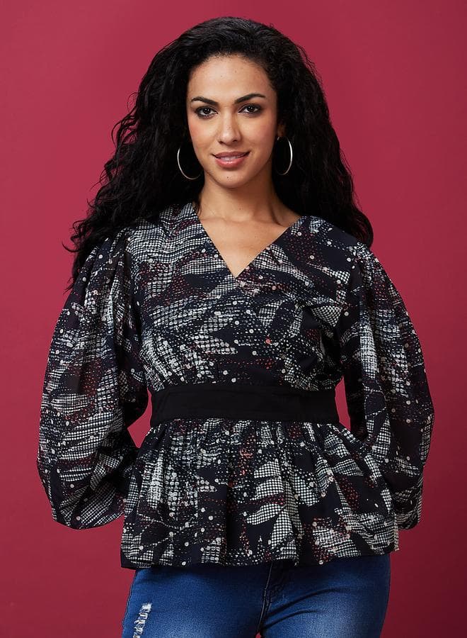 Floral Printed V-Neck Blouse with Balloon Sleeves - Image 1