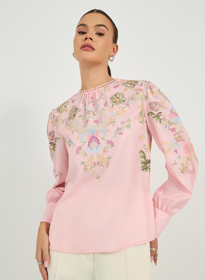 Regular Fit Round Neck Blouse with Placement Print - Image 1