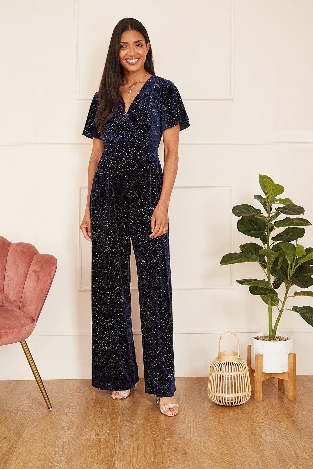 Sparkle Velvet Navy Wide Leg Jumpsuit - Image 1