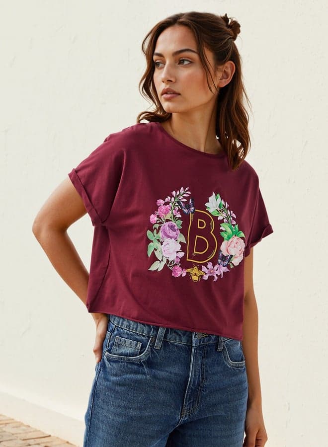 Floral Print Cropped Crew Neck T-Shirt - Image 1