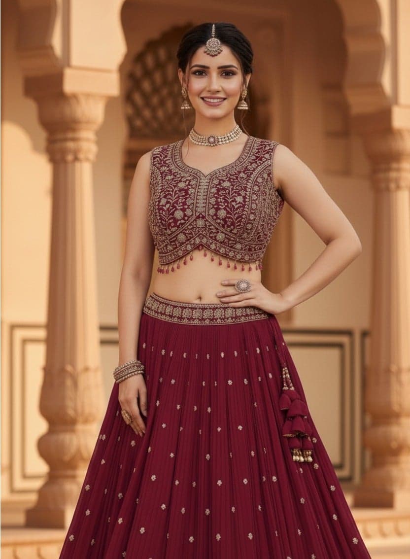 Pink Pleated Lehenga Choli Set with Dupatta - Image 1