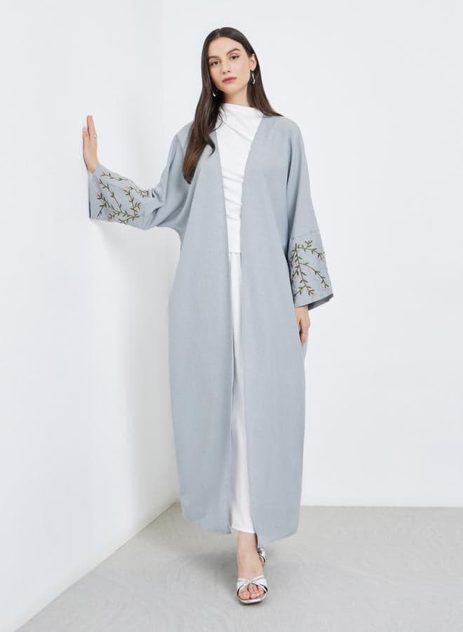 Grey Open Front Embroidered Sleeve Abaya - Image 1