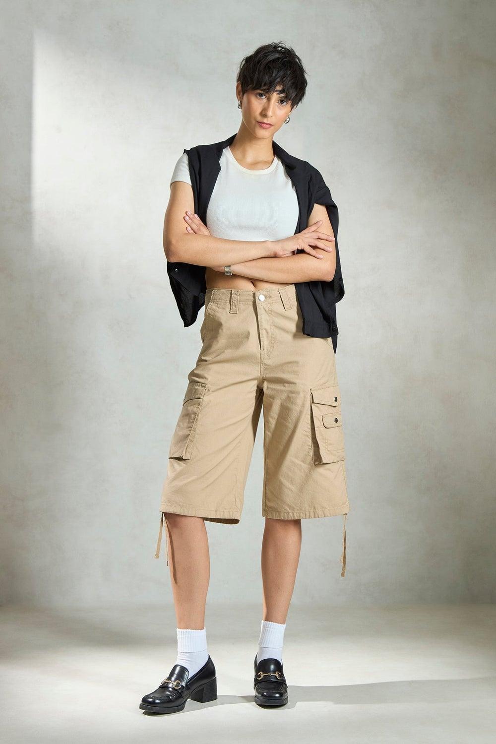 Virgio Women Brown Cotton Cargo Bermuda Shorts - Image 1