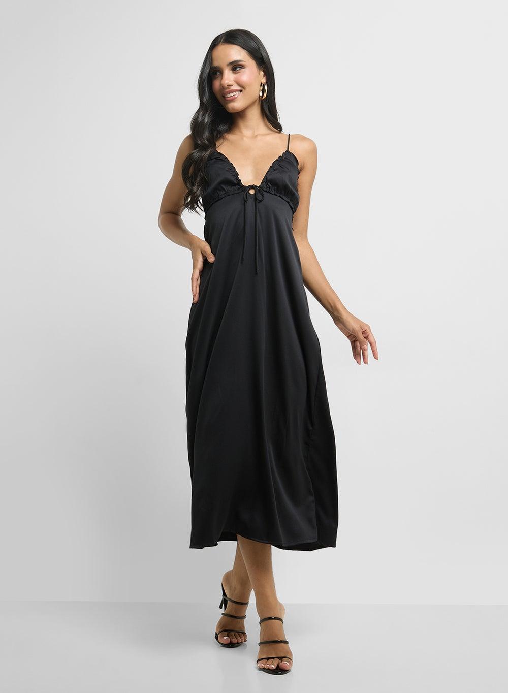 Satin Midi Dress with Spaghetti Straps - Image 1