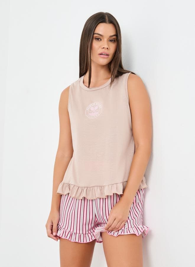 Styli Ruffle Hem Graphic Tank and Striped Shorts Set - Image 1