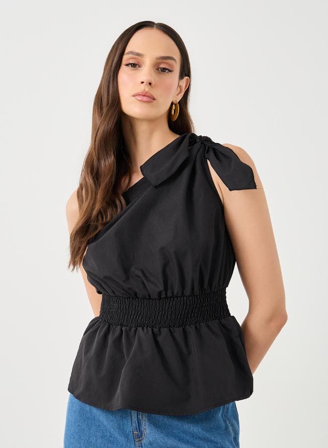 Black One Shoulder Smocked Waist Sleeveless Top - Image 1
