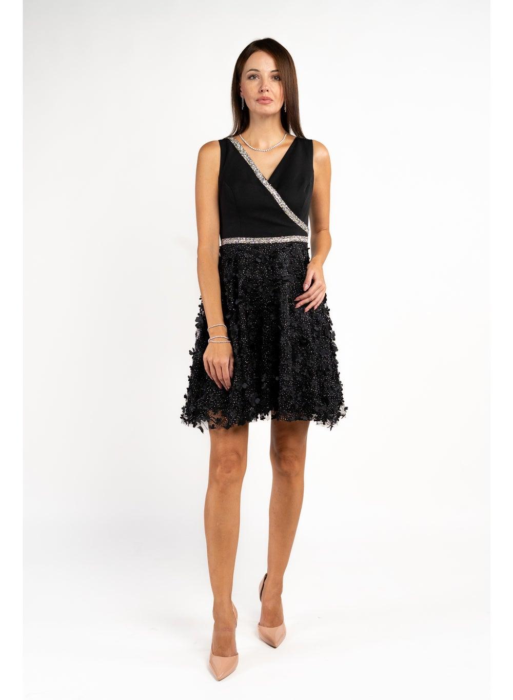 Black and Silver Cross Embossed A-Line Mini Dress - Image 1