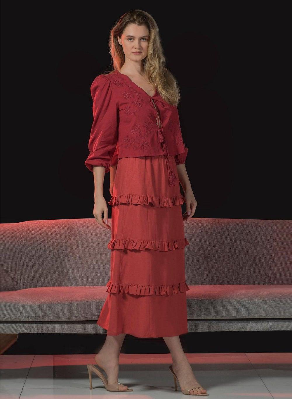 Maroon Midi Skirt with Ruffle Detail - Image 1