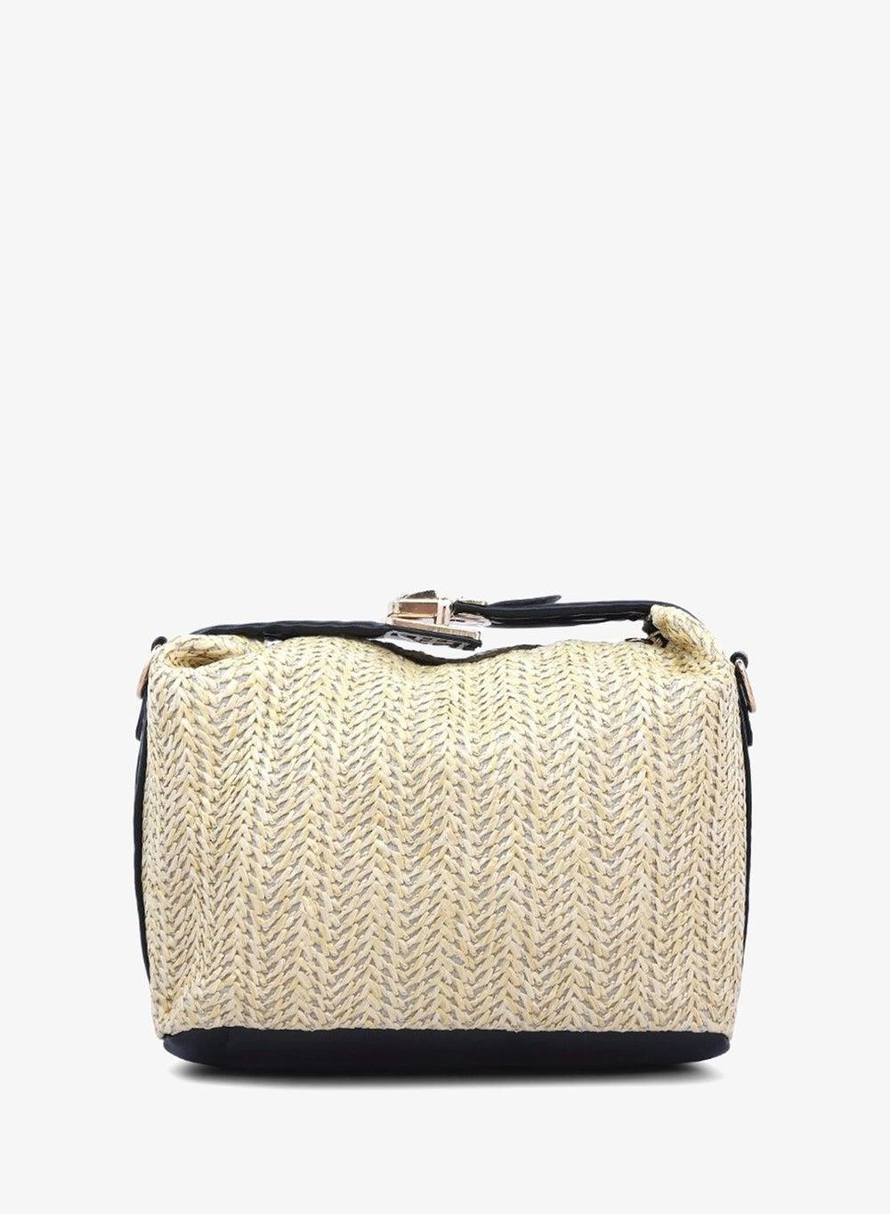 Dark Beige Woven Shoulder Bag with Daisy Detail - Image 1