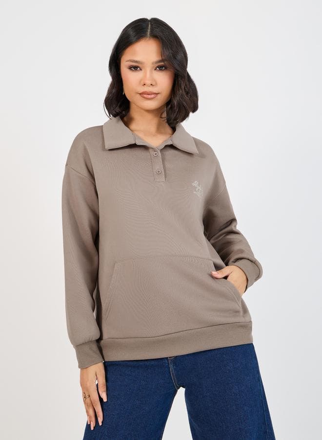 Oversized Longline Polo Sweatshirt with Embroidery Detail - Image 1