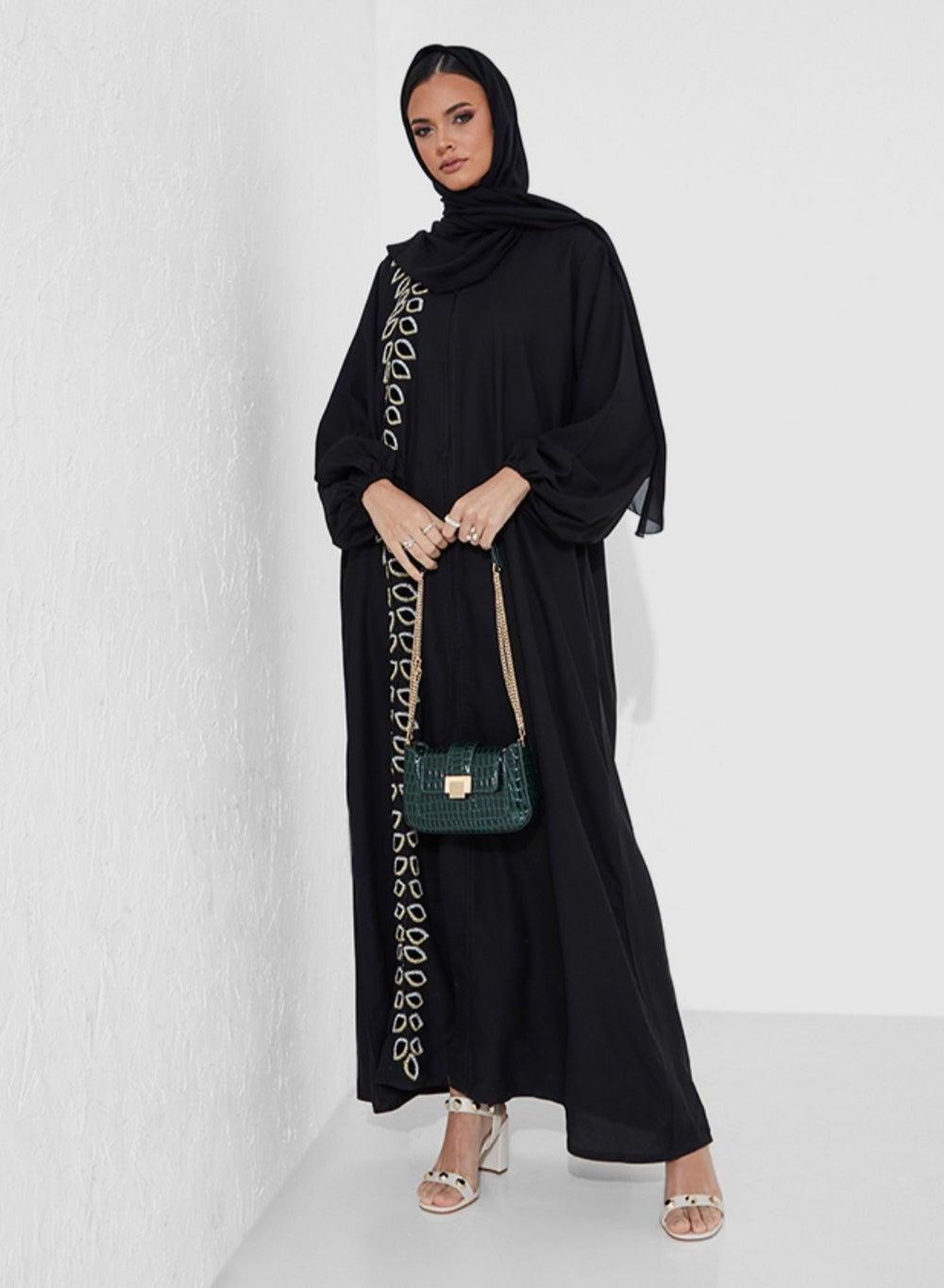 Hand-Embroidered Abaya with Velvet Leaves and Elastic Sleeves - Image 1