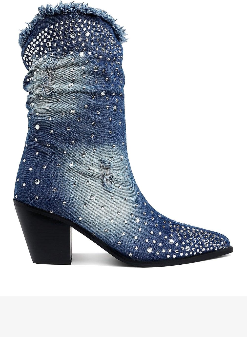Dark Blue Diamante Denim Ankle Boots - Image 1