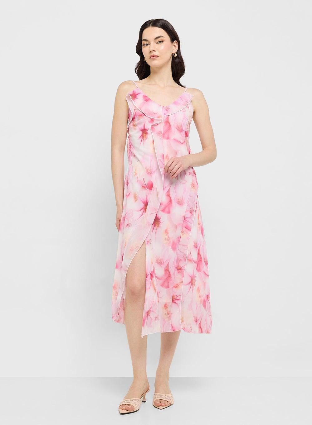 Floral Ruffle Pink Midi Dress - Image 1