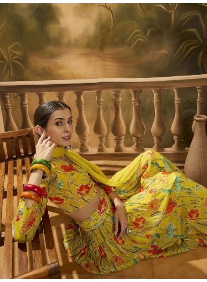 Mustard Floral Print Chinnon Lehenga Choli with Dupatta - Image 1