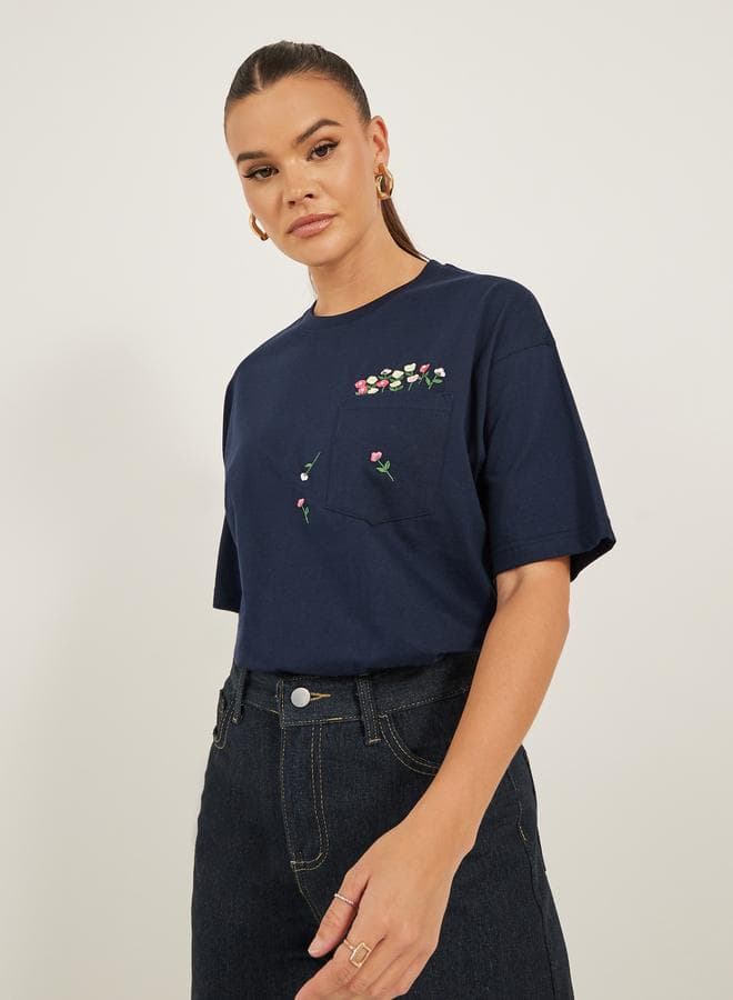 Styli Floral Embroidered Pocket T-Shirt - Image 1