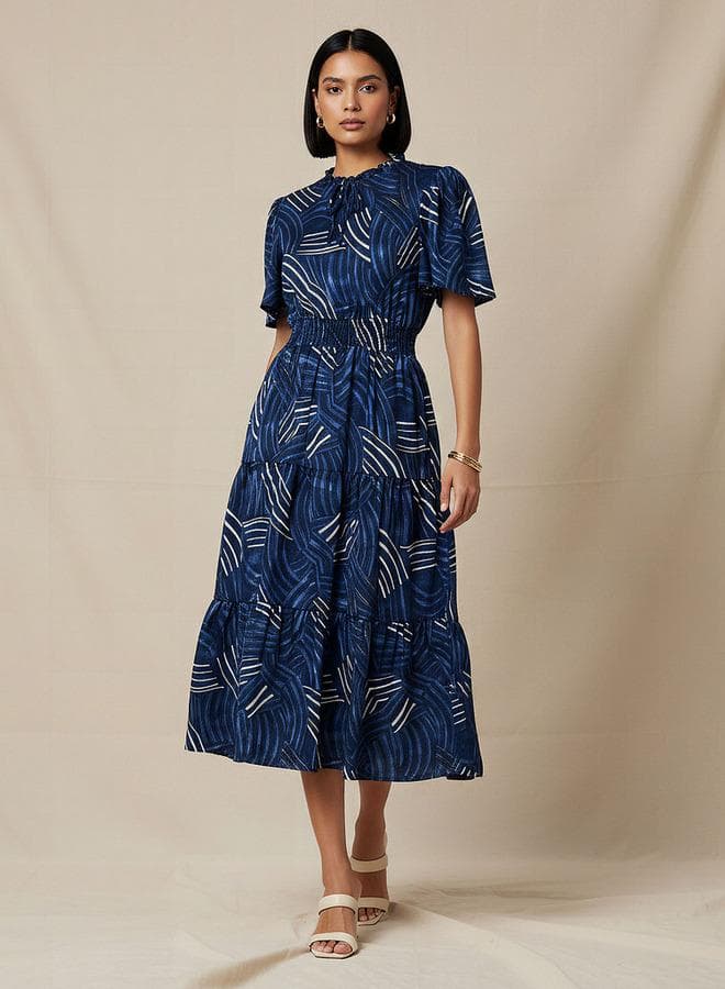 Tiered Midi Viscose Dress with Flutter Sleeves - Image 1
