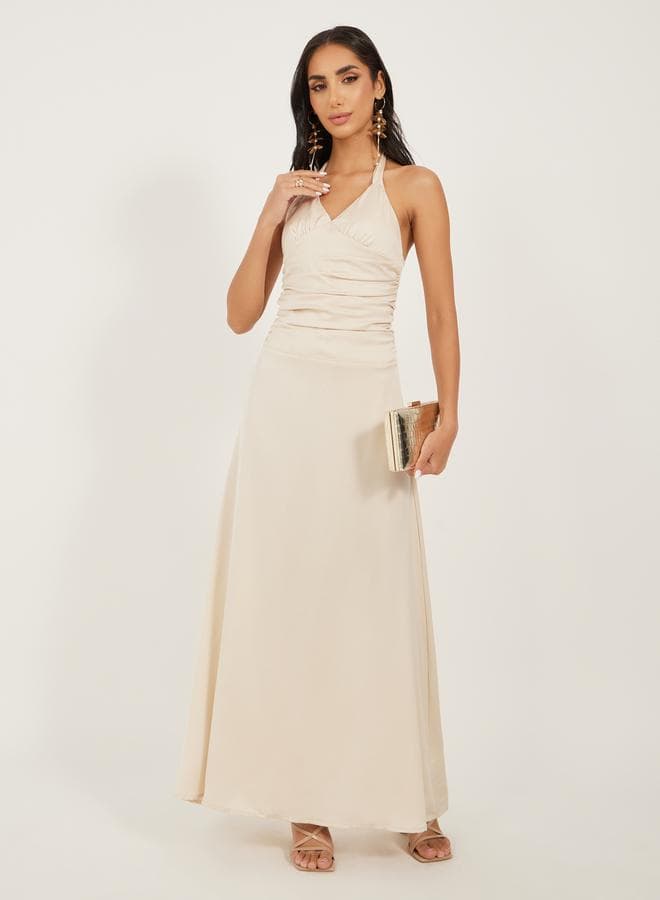 Solid Ruched Halter Neck A-Line Maxi Dress - Image 1