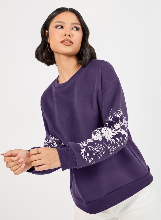 Floral Sleeve Print Dropped Shoulder Sweatshirt - Image 1