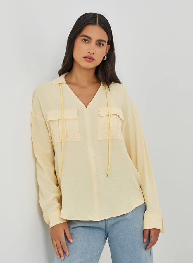 Styli Solid V Neck Blouse with Utility Pockets - Image 1