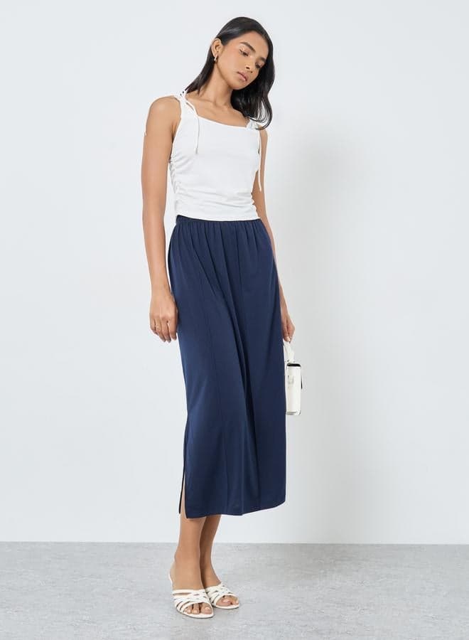 Take Two Solid Elastic Waistband Midi Skirt with Side Slit - Image 1