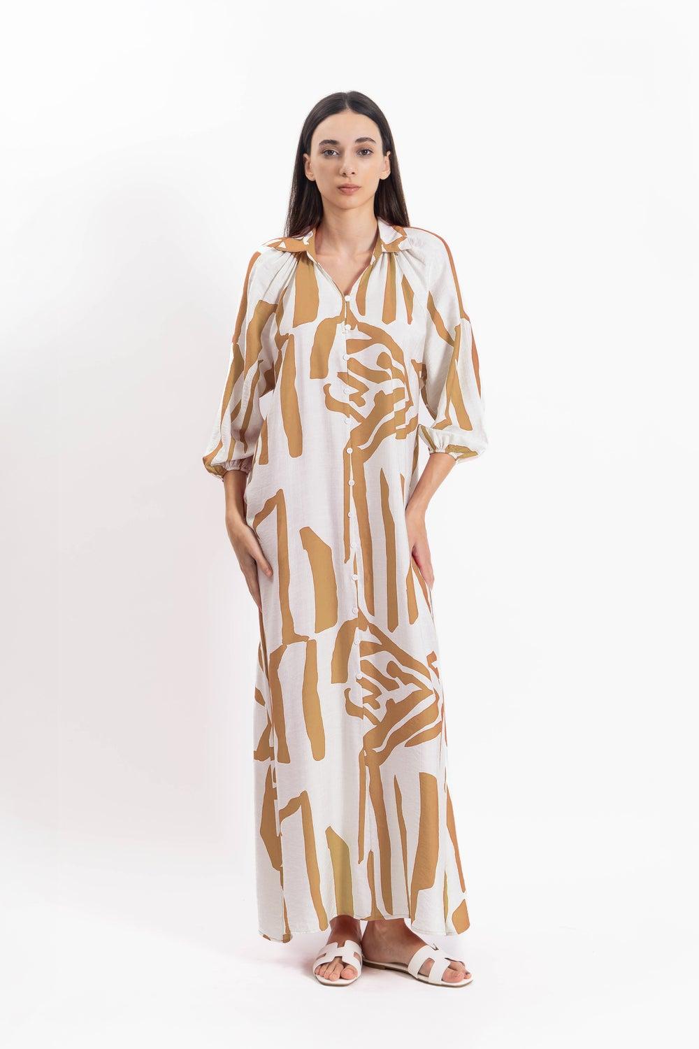 Abstract Print Maxi Dress with Collared Neckline - Image 1