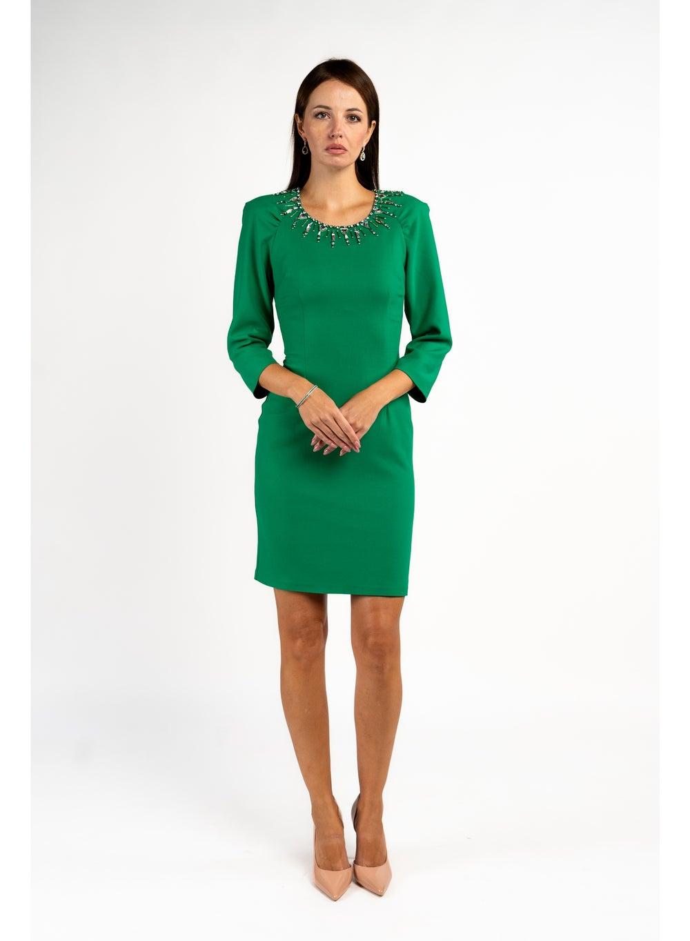 Bottle Green Mini Party Dress with Crystal Embossing - Image 1