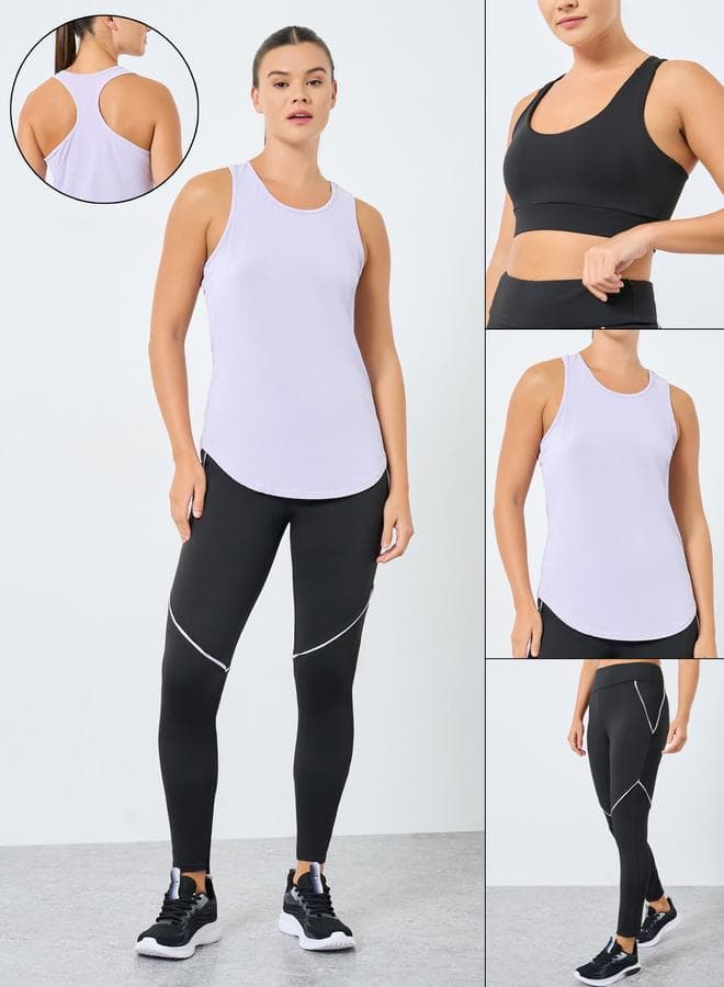 Textured Racerback Tank and Contrast Stitch Leggings Set - Image 1