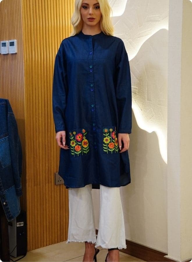 Embroidered Pocket Shirt Dress in Soft Cotton Denim - Image 1