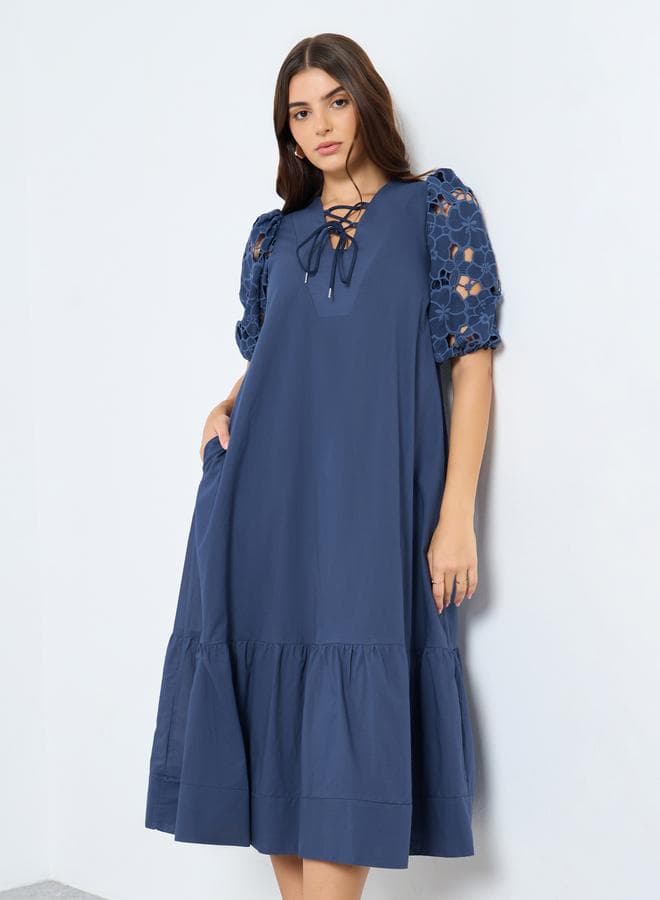 Styli Navy Blue Lace Midi Dress with Tie-Up Neck - Image 1