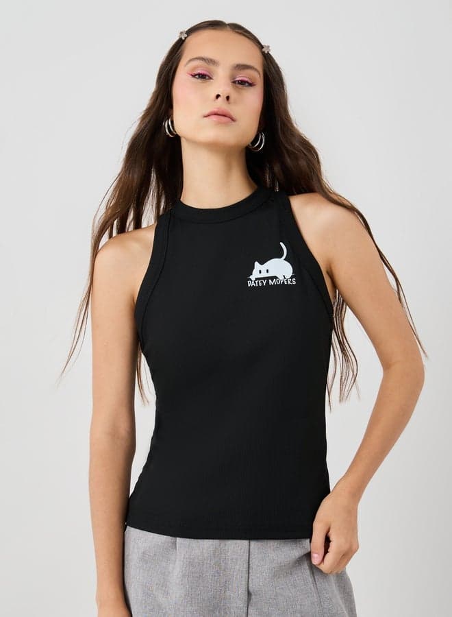 Graphic Print Sleeveless Fitted Top - Image 1