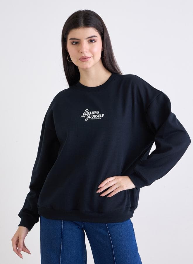 Styli Embroidered Slogan Black Regular Fit Sweatshirt - Image 1