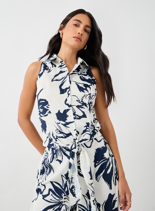 Printed Sleeveless Resort Collar Tie-Up Blouse - Image 1