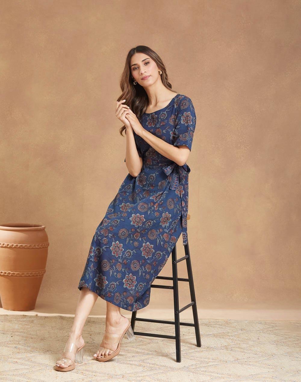 Blue Cotton Bagru Printed Midi Dress - Image 1