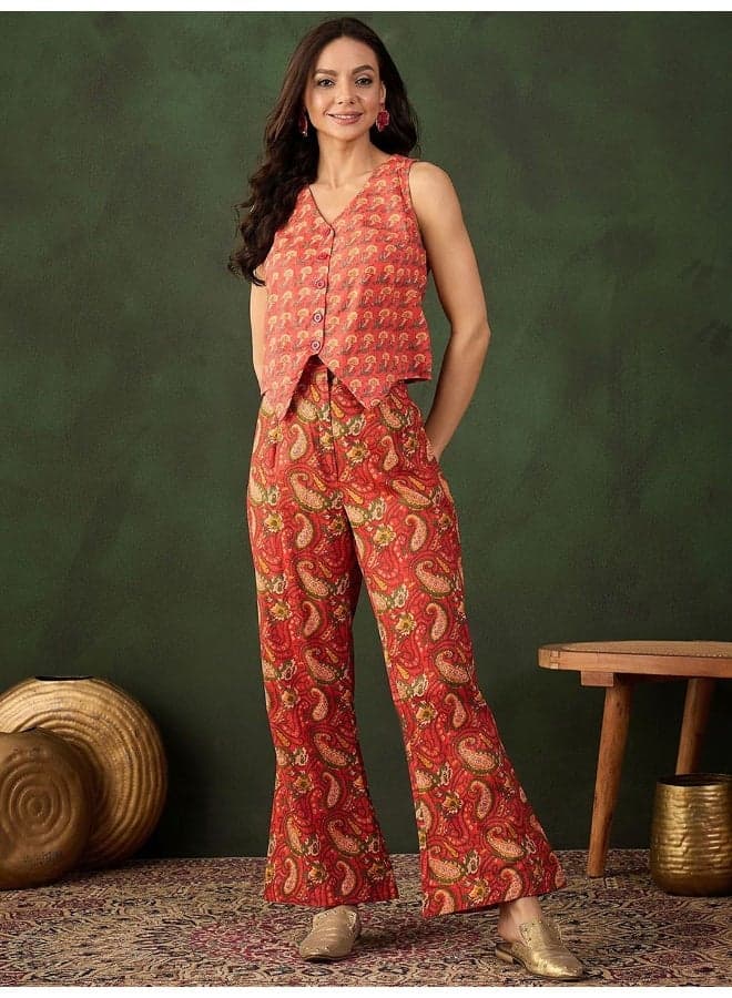 Red Cotton Paisley Palazzo Set with Button Vest - Image 1