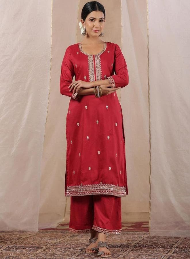 ISHIN Embroidered Round Neck A-Line Kurta - Image 1