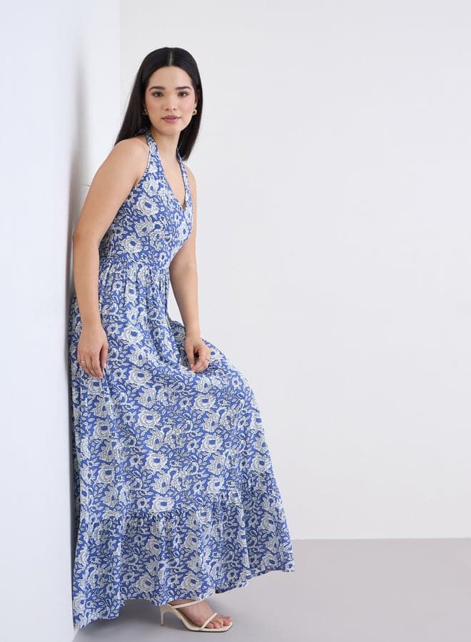 Styli Blue Printed Halter Neck Maxi Dress - Image 1