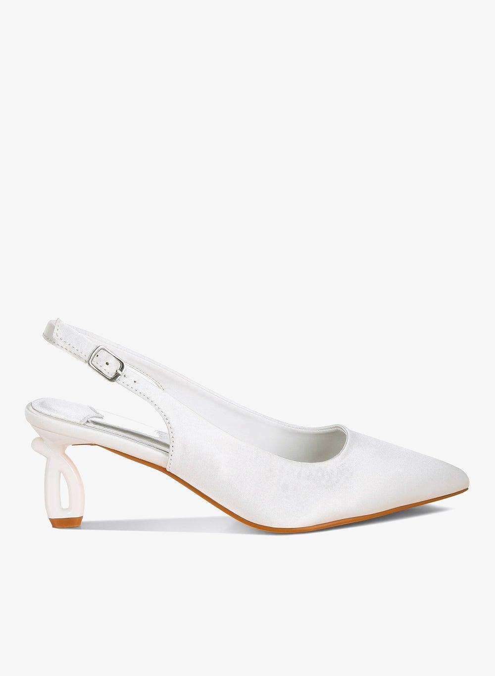 White Satin Pointed Toe Slingback Heels - Image 1
