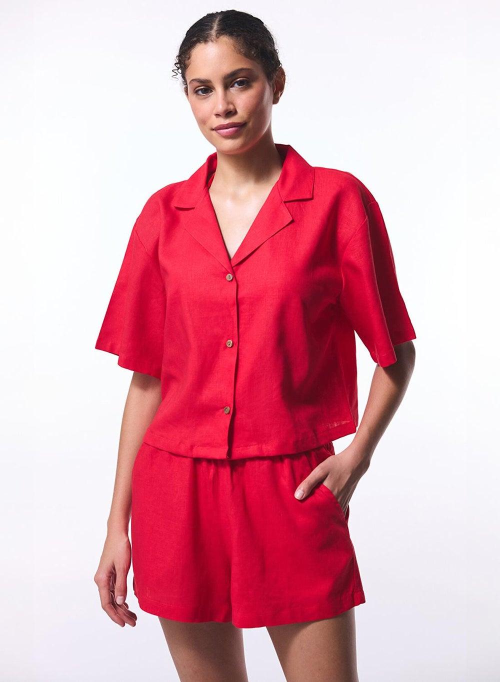 Penti Tera Red Linen Beachwear Swim Shirt - Image 1