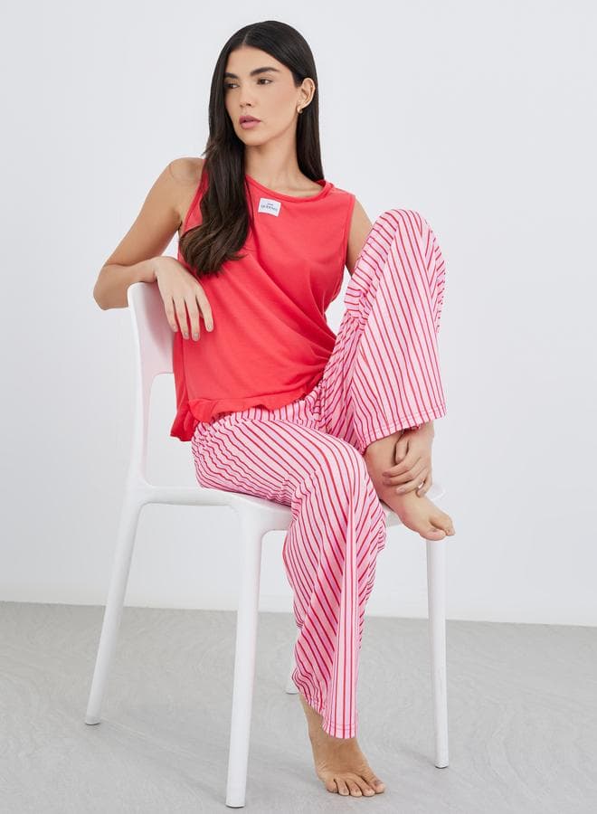 Women Coral Patch Detail Tank & Striped Placket Pyjama Set - Image 1